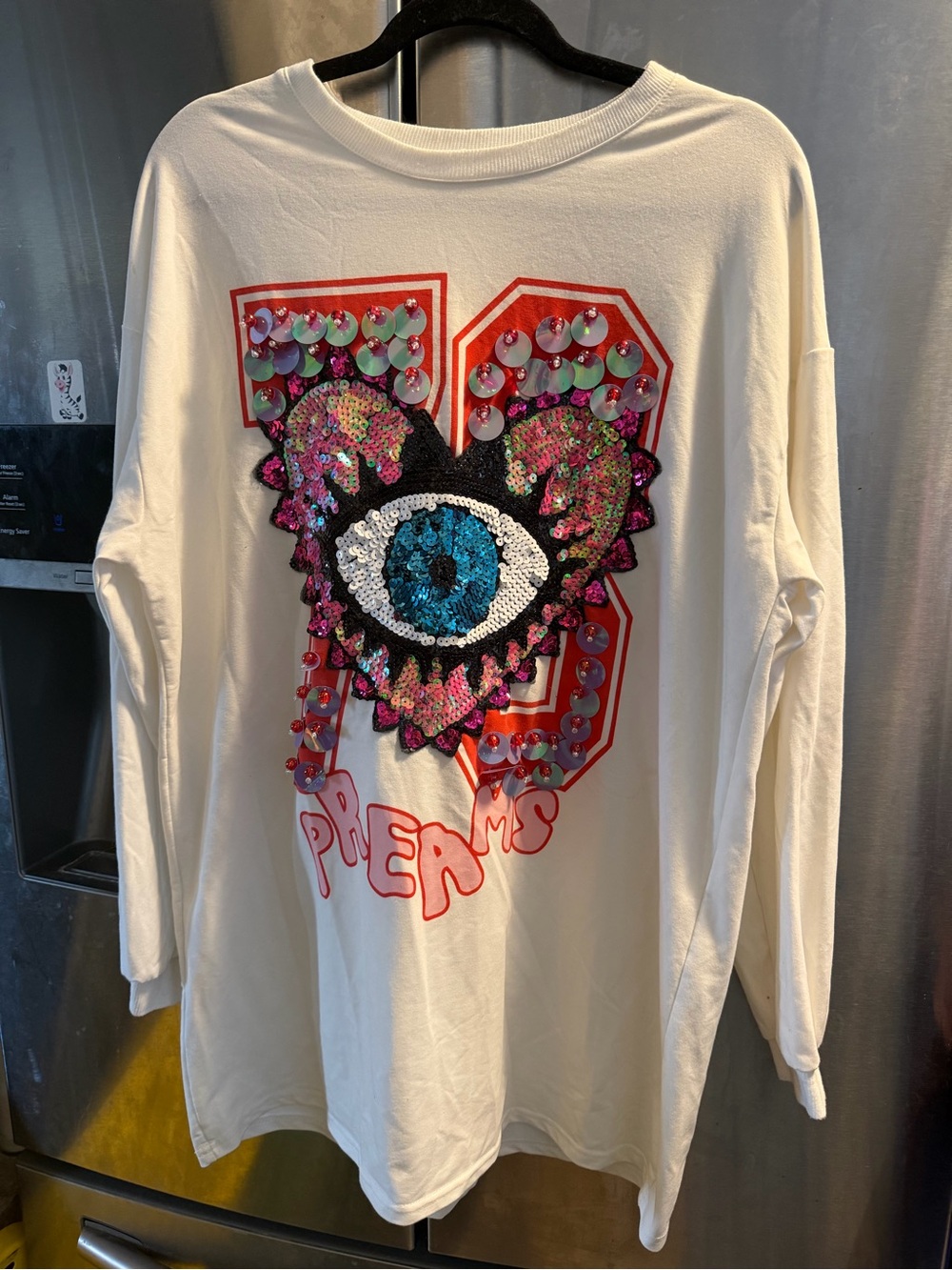 White Sequin Eye Graphic Crewneck Sweater with Heart Motif